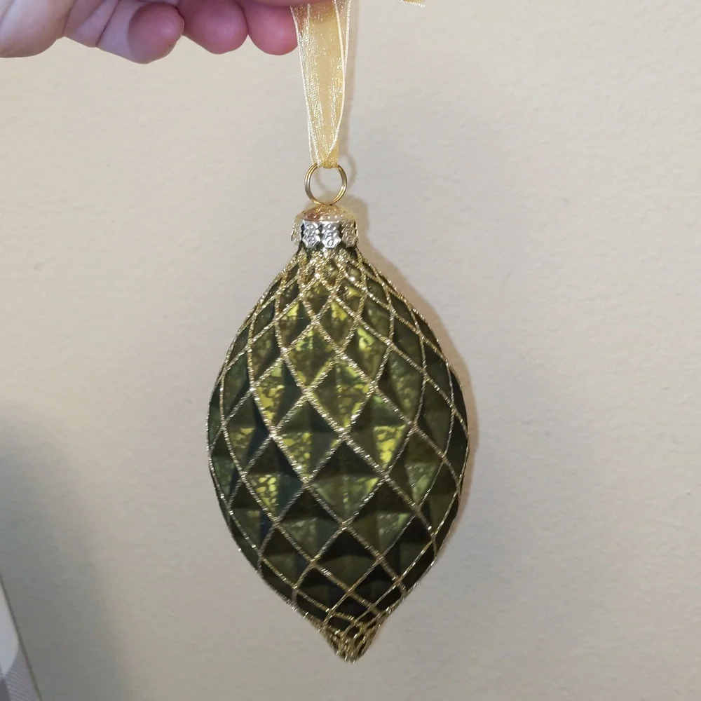 Teardrop Gilded Antique Gold Forest Pine Green Glass Ornament